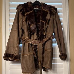 The Look by Randolph Duke Faux Suede & Patchwork Faux Fur Belted Coat Jacket
